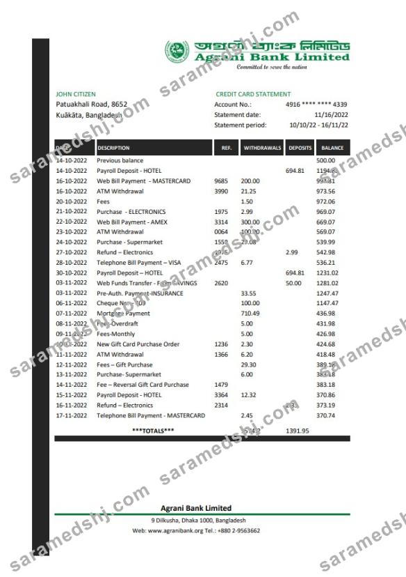 Bangladesh Agrani Bank statement